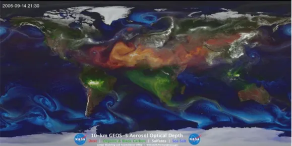 Figure  12 : Image extraite d’une video de simulation GEOS-5 faite par la NASA. Il s’agit de sorties numériques du  modèle d’émission et de transport des aérosols  GOCART ayant pour entrées des ré-analyses météorologiques et des  mesures in situ