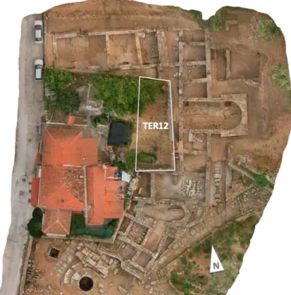 Fig. 1 – Orthophotographie de la demeure protobyzantine DOM5 et situation de la parcelle TER12.