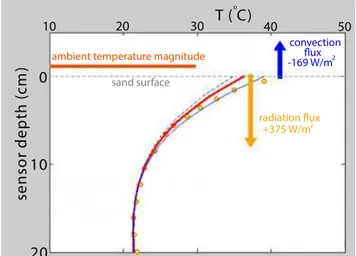Figure 5. Typical temperature proﬁle snapshot through the ﬁrst 20 cm below the sand surface (horizontal dashed line) recorded at 11:09 A.M
