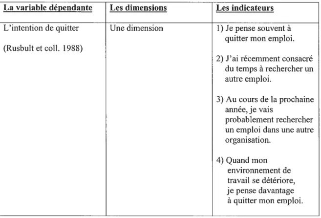 Tableau 1V: Opérationnalisation de la variable dépendante