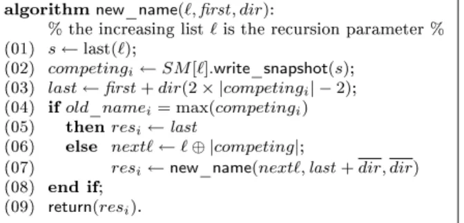 Figure 6: Recursive adaptive renaming algorithm (code for p i ) [13]
