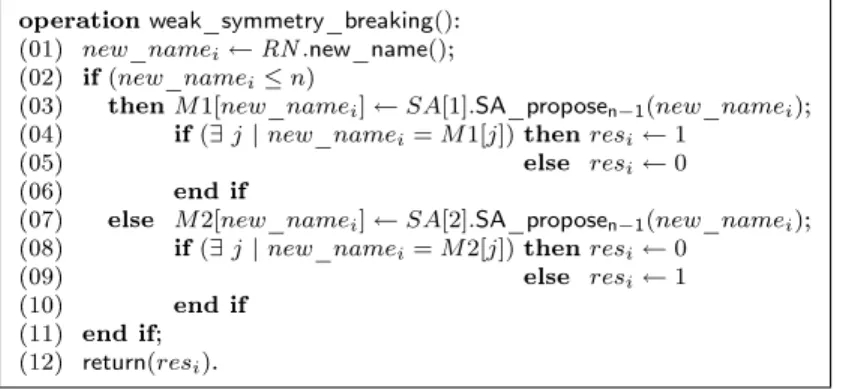 Figure 13: From (n − 1) -set agreement to weak symmetry breaking