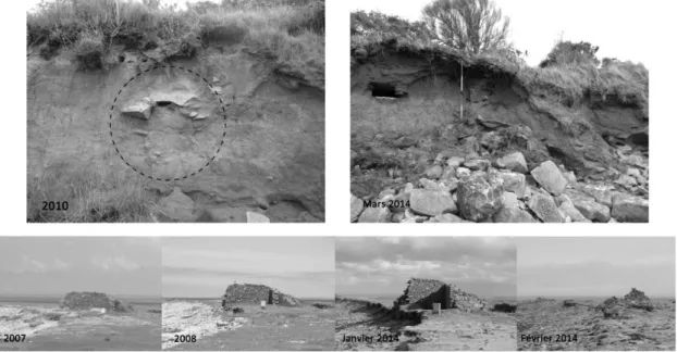 Figure 3. En haut falaise de Cougn ar Sac’h entre 2010 et 2014, la tombe disparu se trouvait à droite  du jalon, la tombe apparu en février 2014 se situe à gauche du jalon sur la photo à droite