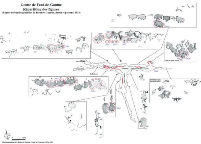 Figure 5 : Répartition des 19 figures analysées dans la grotte de Font-de-Gaume entre 2013  et 2017