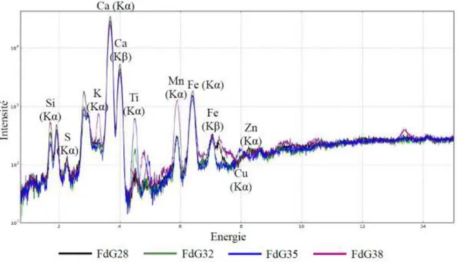 Figure 6 : Spectres de FX obtenus sur une zone restreinte situé au niveau des pattes avant  du bison 39 qui témoignent d’une forte hétérogénéité de la paroi (cf