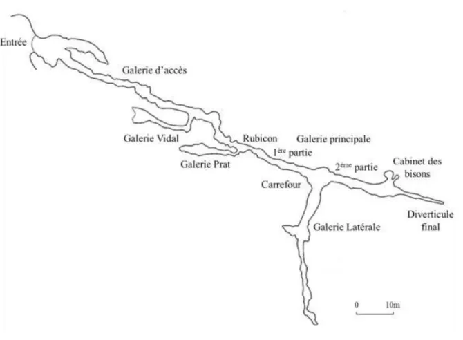 Figure  1  :  Plan  de  la  grotte  de  Font-de-Gaume  (d’après  les  bandes  générales  de  Breuil  in  Capitan, Breuil et Peyrony, 1910)