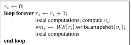 Figure 2: Generic algorithm for the iterated write-snapshot model (code for p i )