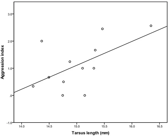 Figure 3.2: Mean aggression index in relation with tarsus length in the defendable condition 