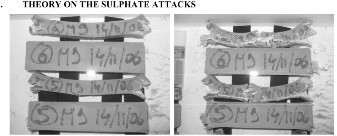 Figure 1 : Degradation of mortars samples (4*4*16 cm3 and 2*2*16 cm3) submitted to sulphate  attacks at 135 days and 150 days [4]