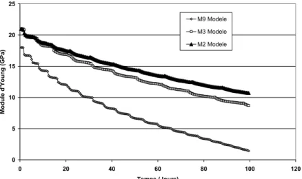 Figure 5: Calculated results on the evolution of the Young modulus vs. time 