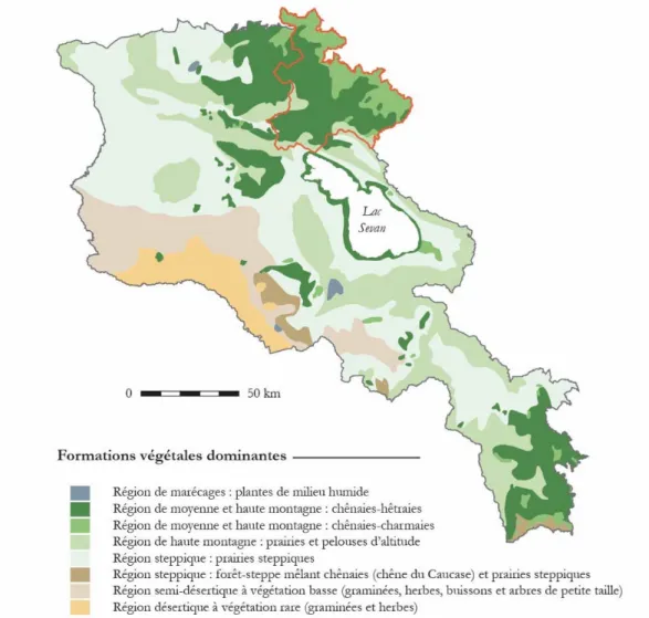 Fig. 2 : Carte de la végétation de l’Arménie avec la province du Tavush entourée en rouge (© B