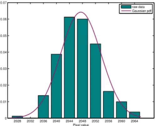 Figure 3: Readout noise. Green: histogram of the raw values taken by 200 realizations of one pixel acquired with virtually no light (realizations are obtained from 200 bias frames acquired with a Canon 7D camera set to its shortest exposure 1/8192.0 s)