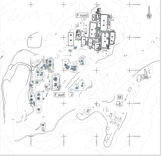 Fig. 2. Plan provisoire de la nécropole F. 5070 30'316'000'315'900'315'800'316'1003'324'5003'324'6003'324'7003'324'8003'324'900 N?MF nordF sud5049484746454439373842403413592119171312101168157421435363031334341