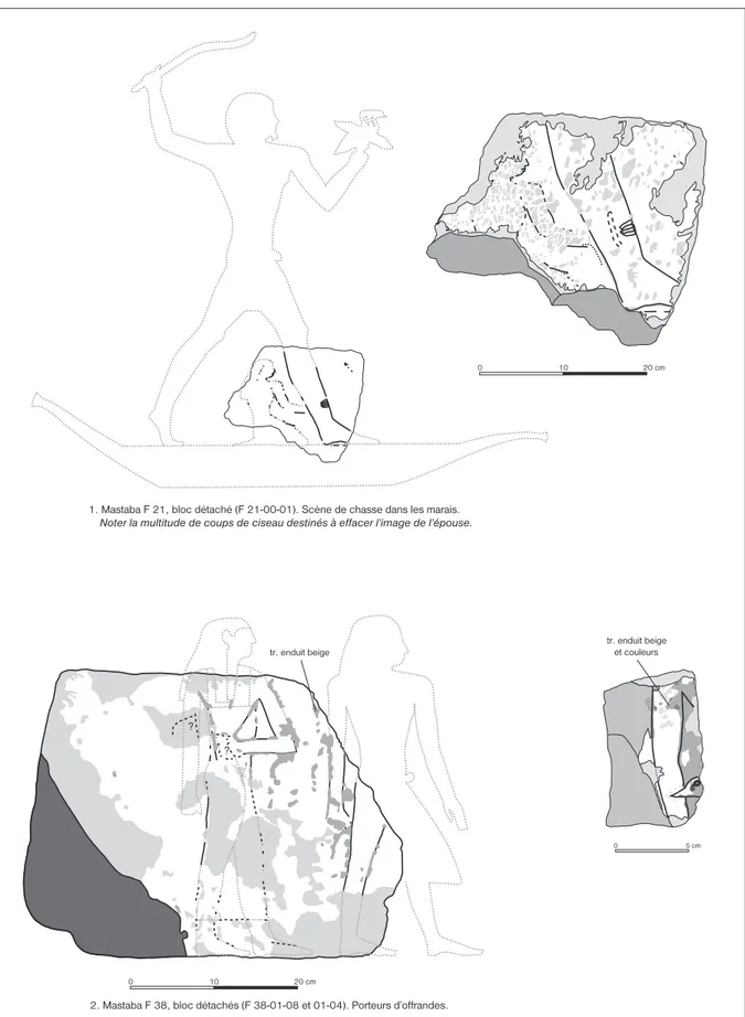 Fig. 12. Fragments de reliefs de la nécropole F: F 21 et 38.?? 0 10 20 cm01020 cm0 5  cm