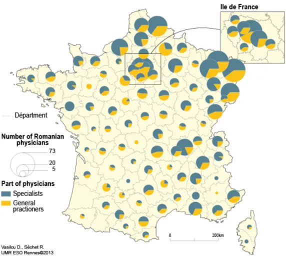 Figure 2 : Distribution by French départements of Romanian physicians (2009)