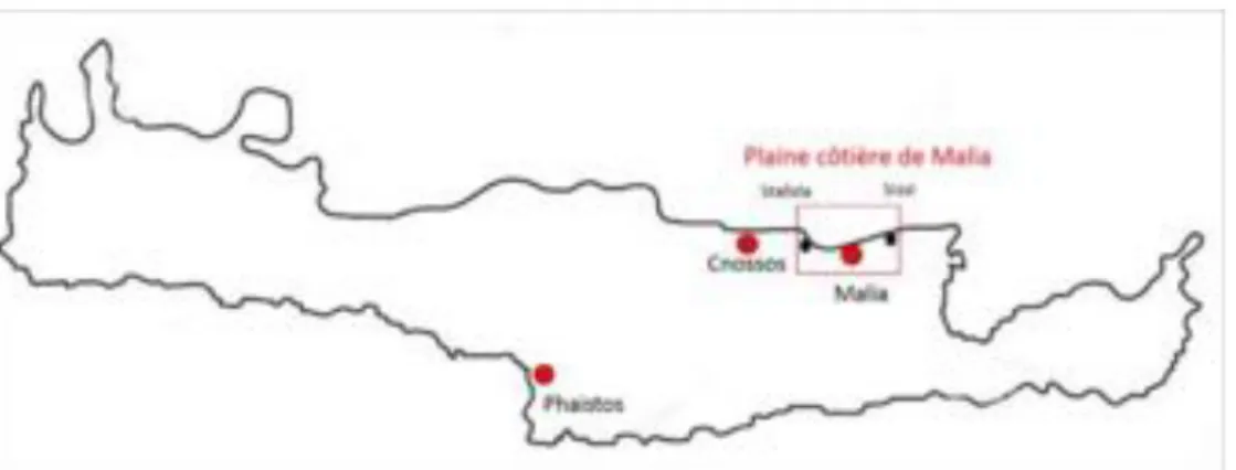 Fig. 1: Situation de la plaine de Malia et principaux sites palatiaux de Crète minoenne (© S