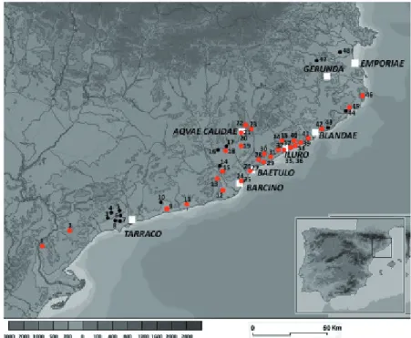 Figure 1 : Localisation des ateliers ayant fabriqué des amphores Pascual 1 (points rouges)  parmi tous les ateliers de potiers d’époque romaine identifiés en Catalogne (basé sur Tremoleda 2008).