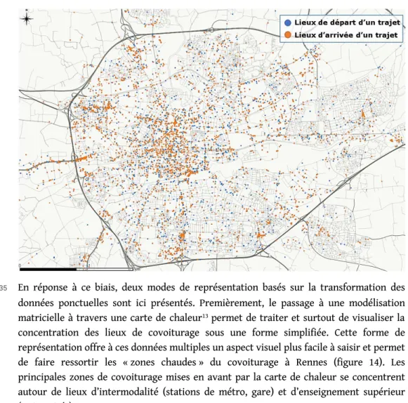 Figure 13. Localisation des lieux de covoiturage à Rennes sur cinq mois (source : auteur d’après les données de BlaBlaCar et OpenStreetMap)