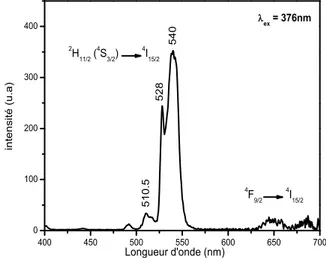 Fig. 2. Spectre d’émission des ions Er 3+  dans la matrice SrF 2  sous une excitation λ exc  = 376nm   2.4 Coefficient de gain optique 