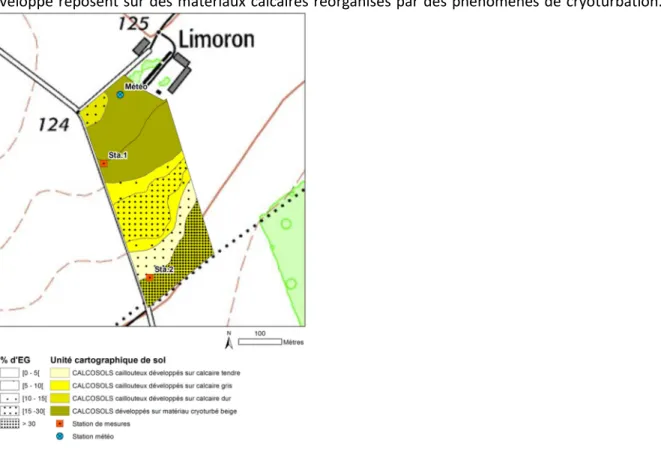 Figure 2 : Carte des types de sols du site de Limoron et position des 2 stations étudiées 