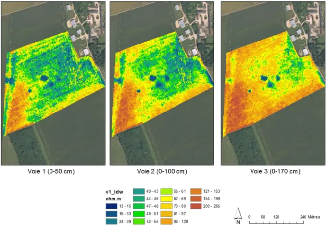 Figure  4  :  Cartes  de  résistivité  électrique  de  la  parcelle  agricole  adjacente  à  la  position  des  équipements de suivi 