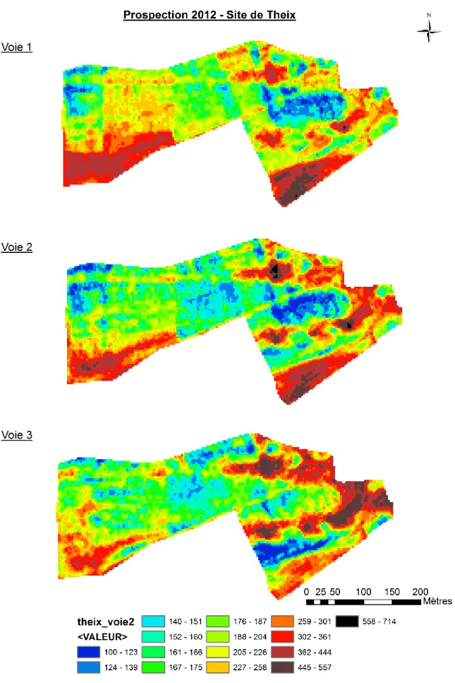 Figure 6 : Exemple des trois cartes de résistivité sur le site de  Theix  (UE Clermont-Ferrand) après transformation de  la  grille de point en raster et utilisation d'une symbologie en  15 classes 