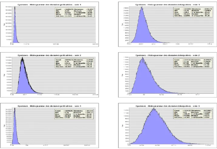 Figure 8 : Histogrammes et statistiques des données brutes et interpolées pour la prospection 2011  