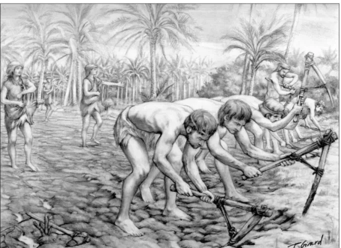 Fig. 20. Reconstitution artistique d’une scène de labourage et de semailles au Proche-Orient Ancien au début  du 8 e  millénaire