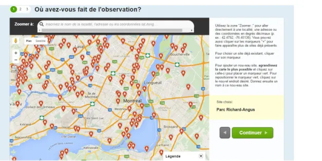 Figure 2. Carte en ligne du site Web eBird Québec avec les points chauds à Montréal  