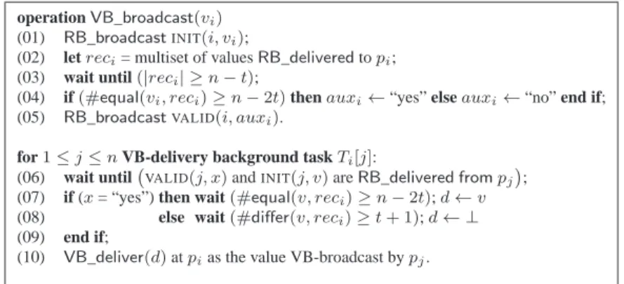 Figure 3: VB-broadcast on top of reliable broadcast (t &lt; n/3, code of p i )