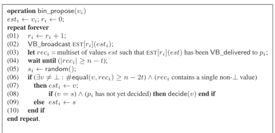 Figure 7: A binary Byzantine consensus algorithm based on VB-broadcast (t &lt; n/3)