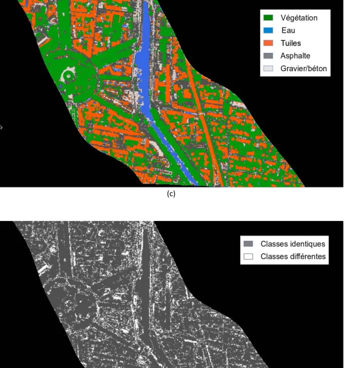 Figure 8 : Résultats de classification obtenus avec la méthode ombre/soleil,  appliquée sur (a) les données en luminance, (b) les données en réflectance  (Cochise),  (c) les données en réflectance (méthode empirique) et (d) la  carte des différences entre 