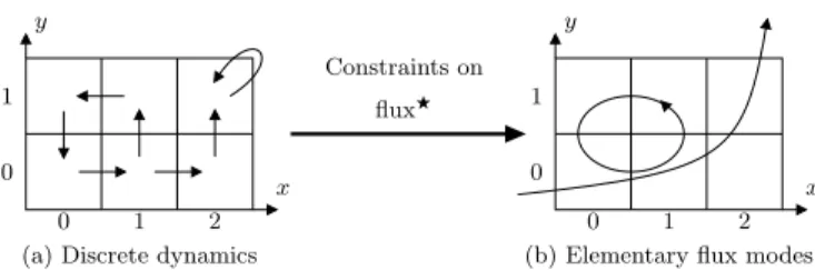 Fig. 3. Reasoning on the discrete dynamics given by a result of the constraints-based protocol where F allow the flux balance analysis.