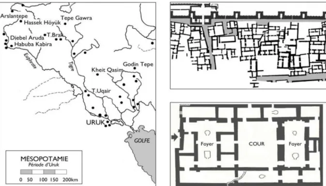 Fig. 2. (à gauche) Sites du sud mésopotamien au 4 e  millénaire. On remarque qu’ils ne sont jamais construits très  loin des  fleuves ou  de  leurs  affluents