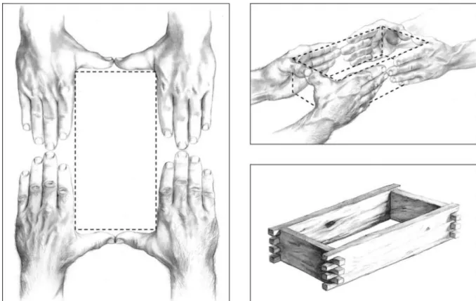 Fig.  7.  (à  gauche)  Le  moule  à  briques  trouve  sa  forme  rectangulaire  dans  la  capacité  d’écartement  et  d’extension  des  pouces
