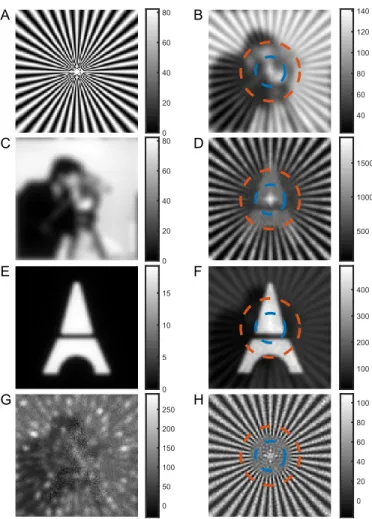 Fig. 2. Simulation results from 1000 noisy RIM images. A) Siemens target object ρ, B) mean of the RIM images µ y , C) unmodulated background b, D) variance of the RIM images v y , E) standard deviation of additive Gaussian noise, F) estimated conditional v