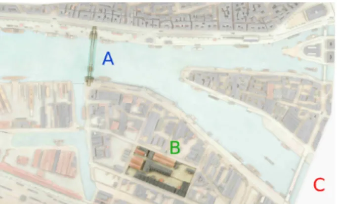 Fig. 1: Geographical positioning of the three use cases between 1899 and 1913: the global area represents a part of Nantes harbour (C), and the two other use cases are highlighted: Transporter bridge (A) and “Halles Alstom”