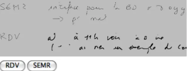Figure 19 : Cat´egorisation manuscrite (les mot-cl´es sont SEMR pour s´eminaire et RDV) et interface de s´election.