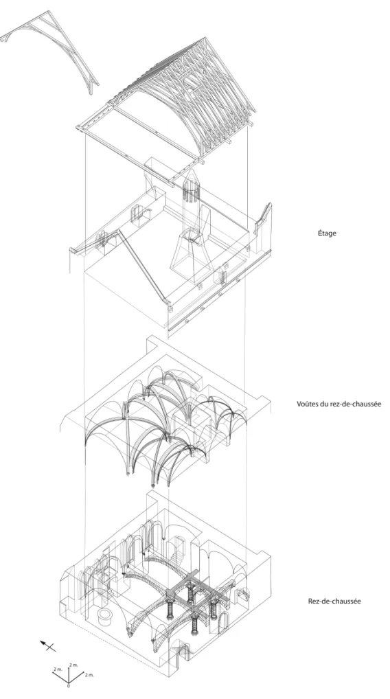 Fig. 20 - Pont-de-l’Arche, abbaye de Bonport, cuisine, vue axonométrique éclatée du rez-de- rez-de-chaussée et de l’étage restitués de la cuisine médiévale (relevé J.-B