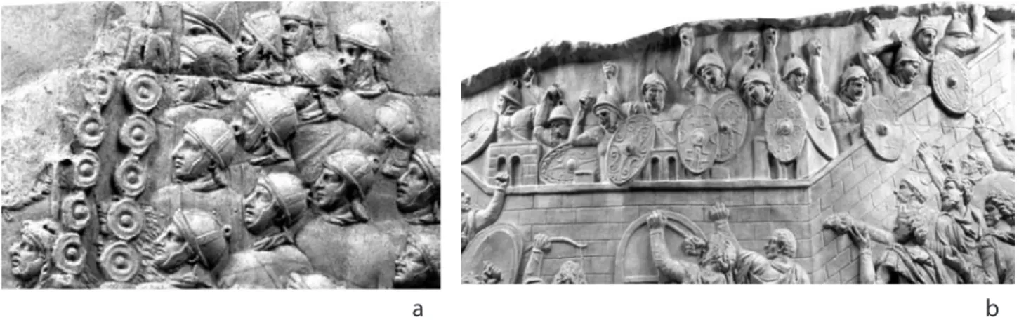 Fig. 4 — Scènes de la colonne trajane montrant des casques romains surmontés d’un anneau (moulage de Bucarest).