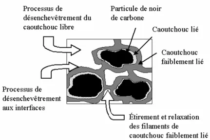 Figure II- 4: Morphologie des mélanges caoutchouc-charges et mécanismes d'écoulement (d'après [Leblanc  1996b])