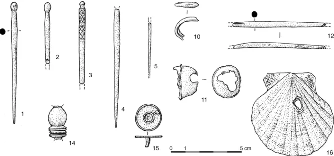 Fig. 9 —  Petits objets personnels de l’us 5030 : en os (1-5, 12 et 14), en bronze (10, 11, 15)...