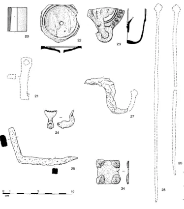 Fig. 10 —  Petits objets de l’us 5030 concernant la maison et son ameublement : en os (20), en fer (21, 25-28), en terre cuite (22, 23) et en bronze (24, 34) (les n°21, 25 et 26 sont  actuel-lement en cours de restauration au RGZM, Mayence)