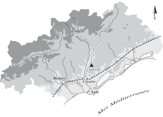 Fig. 1 — Localisation du site de Lieussac dans l’actuel département de l’Hérault. Fond de carte I