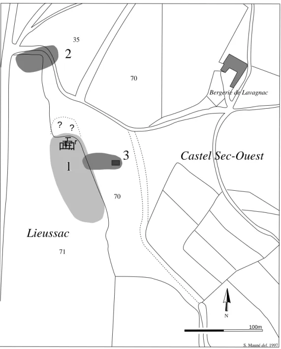 Fig. 2 — Localisation du site de Lieussac (n°1) sur le fond cadastral avec l’implantation des structures bâties fouillées en 1994, du site funéraire de l’Antiquité tardi- tardi-ve repéré à proximité, en prospection (n°2) et du lieu de culte médiéval et du 