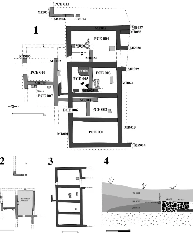 Fig. 3 — Plan des structures fouillées en 1994. 1- Relevé général ; 2- État du Haut-Empire ; 3- État du IV e s