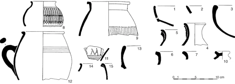 Fig. 5 —  Céramique de l’us 5030: africaine de cuisine (1), sigillée claire A (2), sigillée claire B-luisante (3-15)