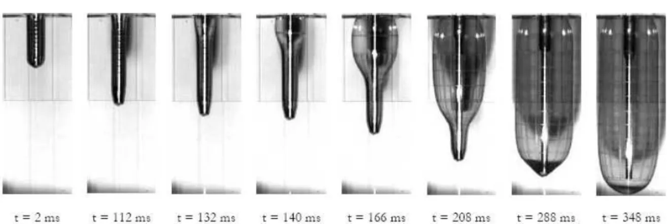 Figure  I-6  :  Cinématique  de  bi-étirage  soufflage  sans  moule  d'une  préforme  PET  dans  des  conditions  standards (Phase de pré-soufflage : P inférieure à 10 bar)  [5] 