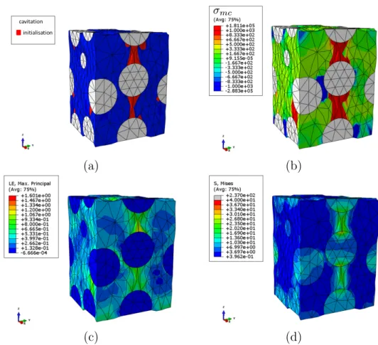 Figure 2.16: Repr´ esentation (a) des r´ egions d’initialisation de cavitation avec (b) l’invariant de cavitation correspondant ainsi que (c) l’´ etat de d´ eformation et (d) de contrainte d’une microstructure charg´ ee ` a 30% sous une d´ eformation macro