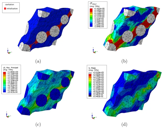 Figure 2.18: Repr´ esentation (a) des r´ egions d’initialisation de cavitation avec (b) l’invariant de cavitation correspondant ainsi que (c) l’´ etat de d´ eformation et (d) de contrainte d’une microstructure charg´ ee ` a 30% sous un glissement macroscop